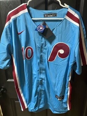 Nike Powder Blue Phillies #10 Baseball Jersey with Maroon Accents